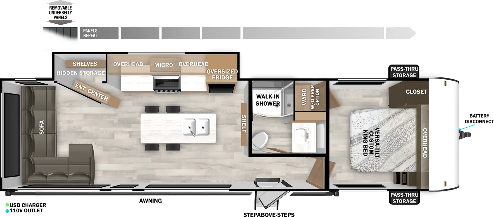 The Salem 28VIEW floorplan has one entry and one slide out. Exterior features include: fiberglass exterior. Interiors features include: kitchen island, front bedroom and rear living.